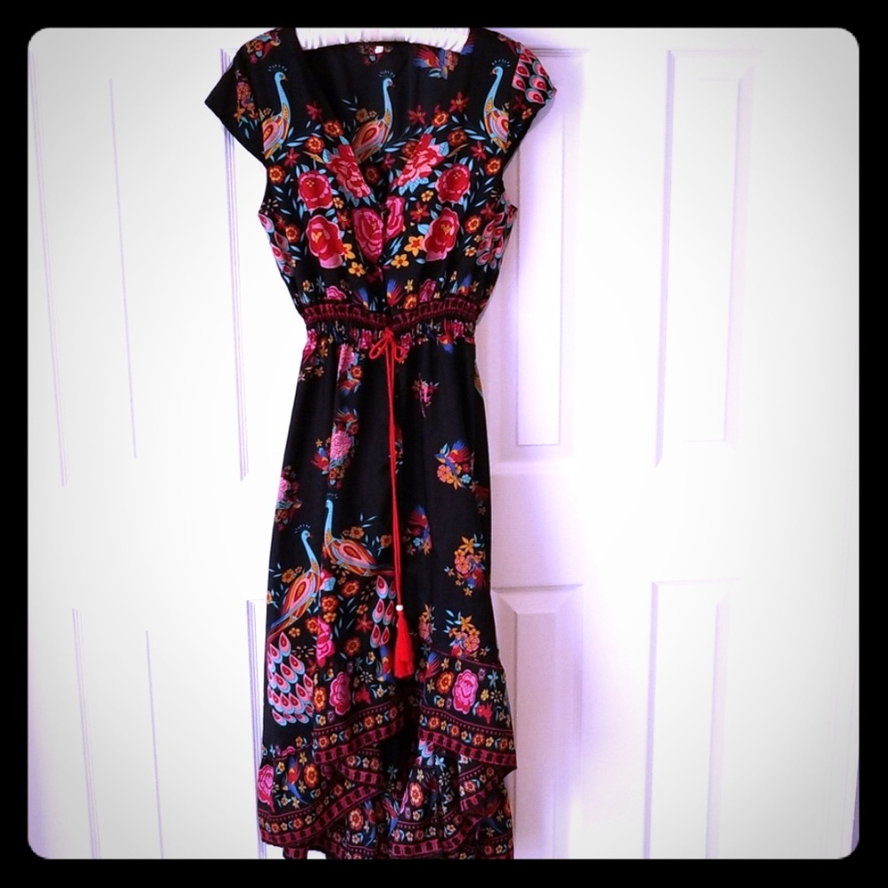 Boho style dress with peacock and roses design